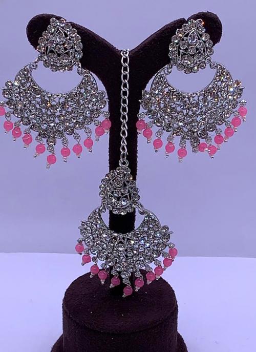 Light Pink Beads Silver Tone Earrings With Maang Tikka